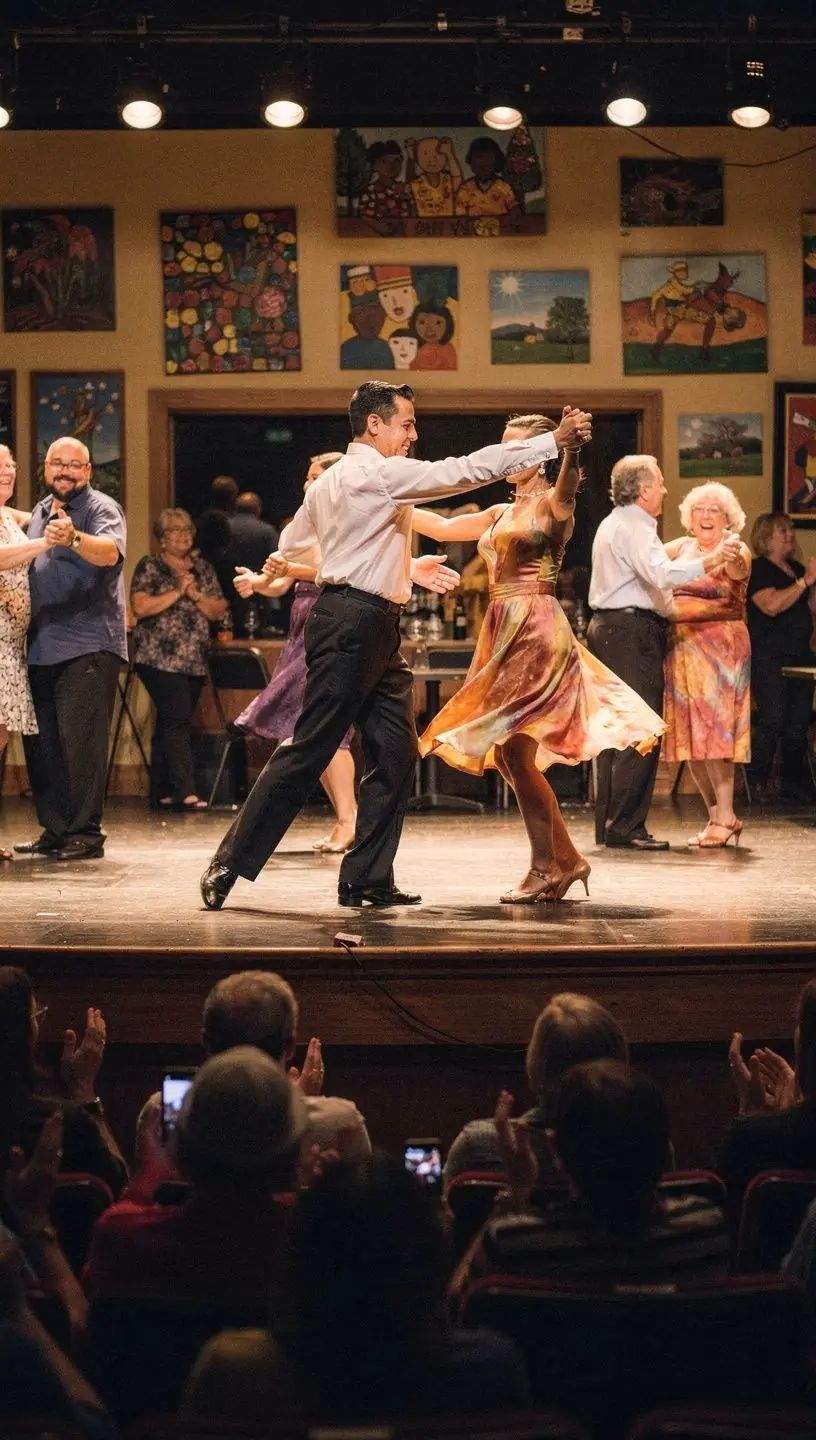 Dancers enjoying social dance at an aging wellness program.